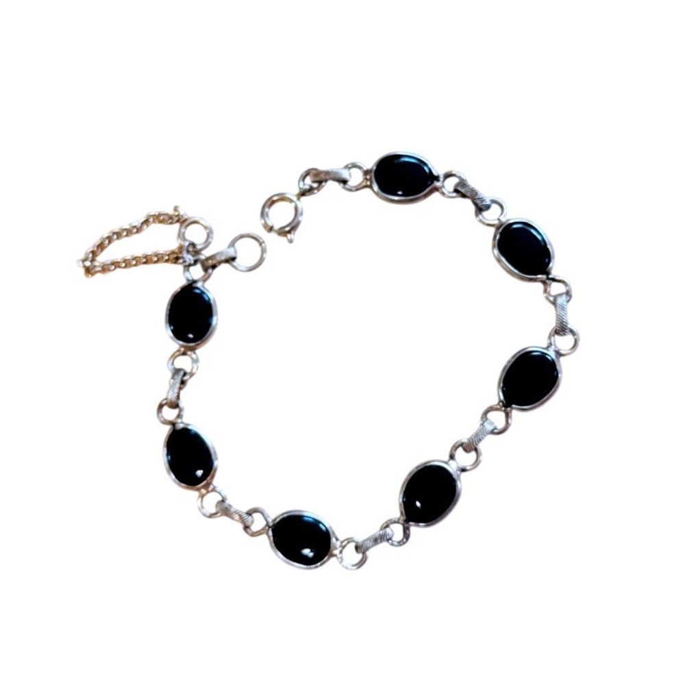 VTG Art Deco Open Bezel Onyx panel Bracelet 12k Gold Filled Link Regal‎ Chain 7"